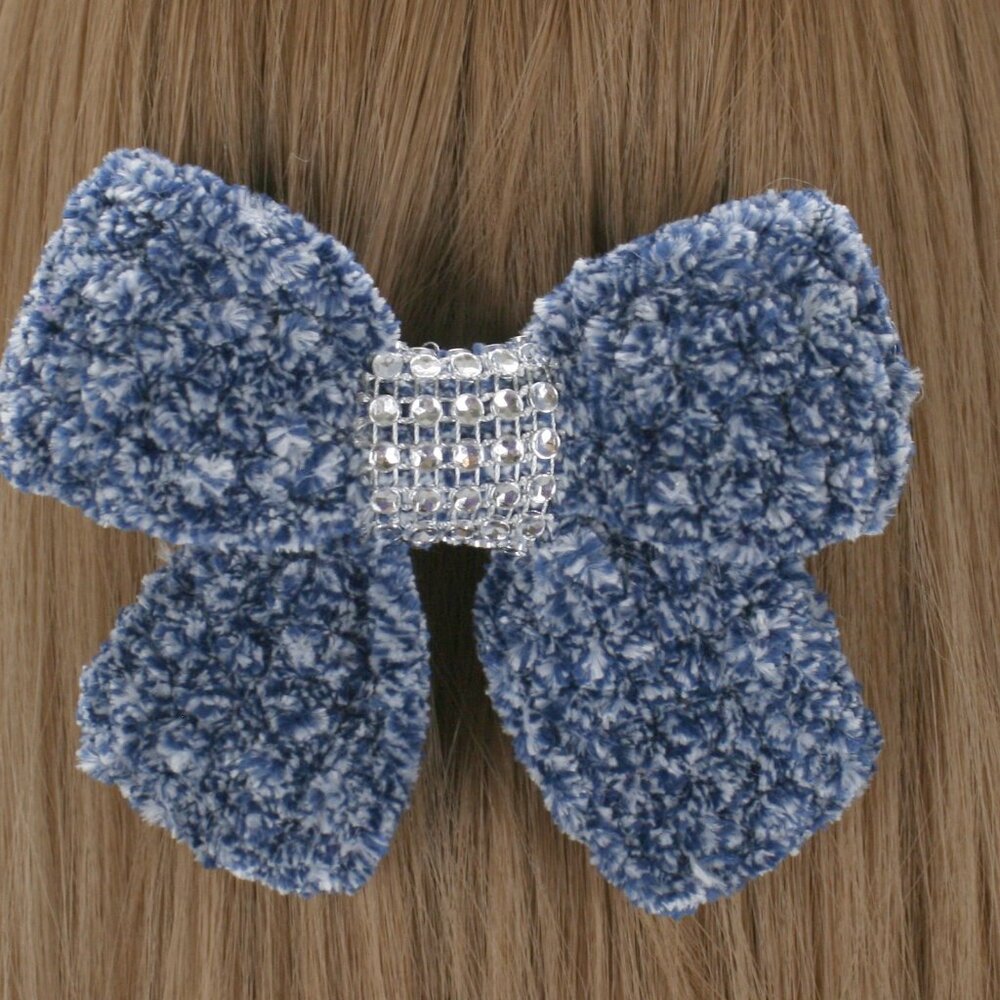 HAND CRAFTED Crochet Bow Chenille Velvet Hair Barrette Oversized Bling Blue - Picture 2 of 14